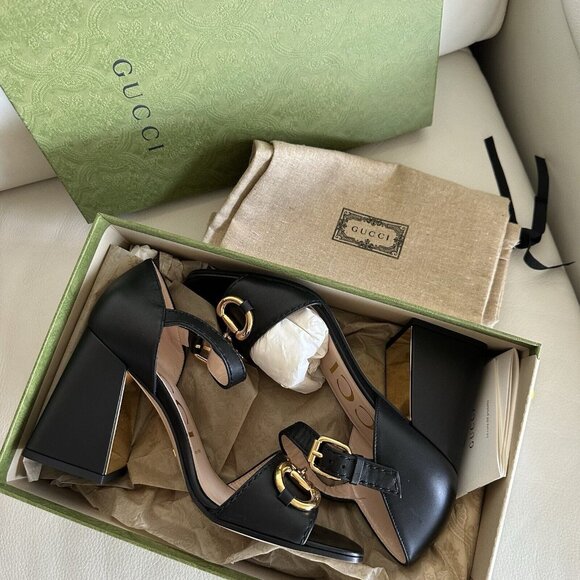 NEW GUCCI JUMBO HEELS HORSEBIT BLACK LEATHER GOLD SZ 38.5 Sandals Shoes - Picture 10 of 13
